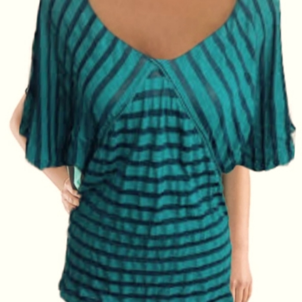 Studio M V Neck Striped Wrap Top Green/Navy Size Medium